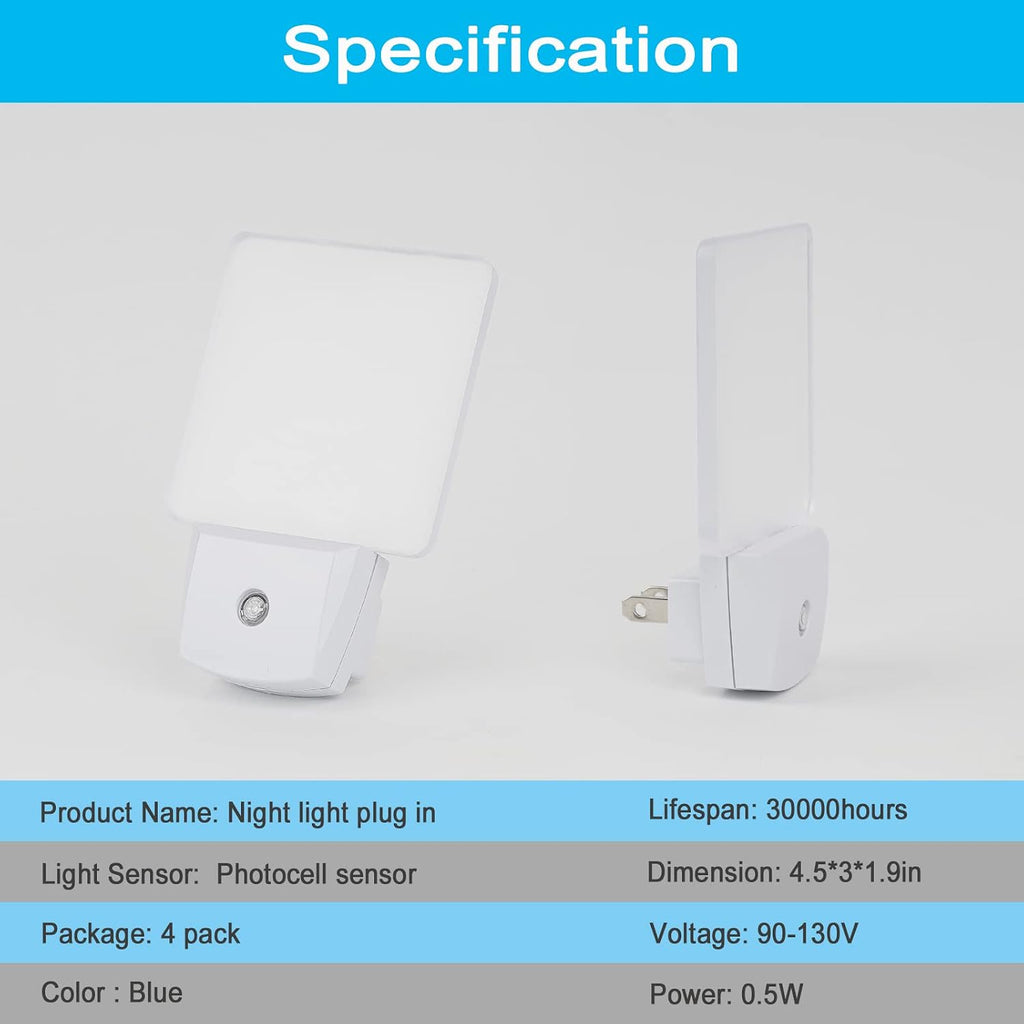 GREENIC LED Night Light Plug in 4 Pack, Dusk to Dawn Photocell Sensor, Nightlights for Bedroom Bathroom Kitchen, Square Design Blue