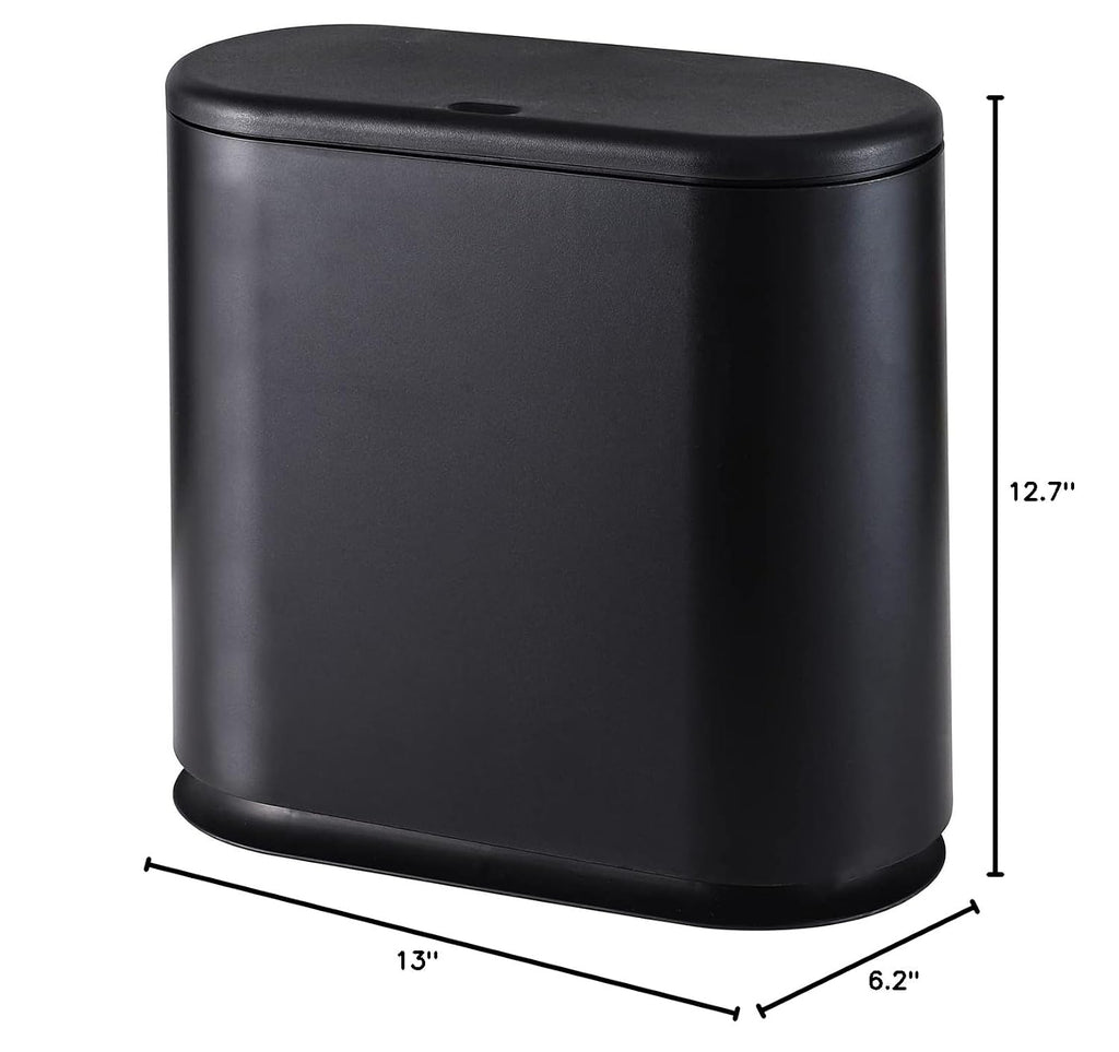 12L Black Slim Bathroom Trash Can with Press Top Lid,3.17 Gallon Pet/Dog Proof Kitchen Trash Can,Thin Garbage Can,Covered Wastebasket,Narrow Small Plastic Trashcan for Craft Room,Bedroom,Office,Dorm