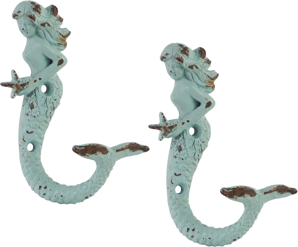 SOFFEE DESIGN 2PCS Green Mermaid Side Profile Hooks, Beach Themed Towel Hangers for Bathroom Room Decor