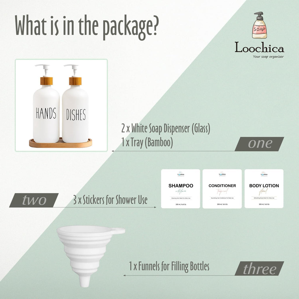 LOOCHICA Glass Soap Dispenser Set with Tray, Contains Glass Hand Soap Dispenser and Glass Dish Soap Dispenser. Matte White soap Dispenser Suitable for The Kitchen Soap Dispenser, Rustic Kitchen Decor