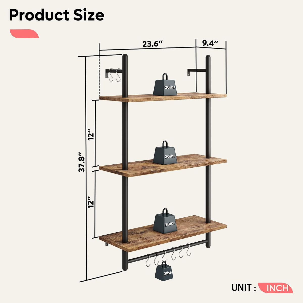 Bestier 24 Inch 3 Tier Industrial Pipe Shelves with Towel Bar, Rustic Brown