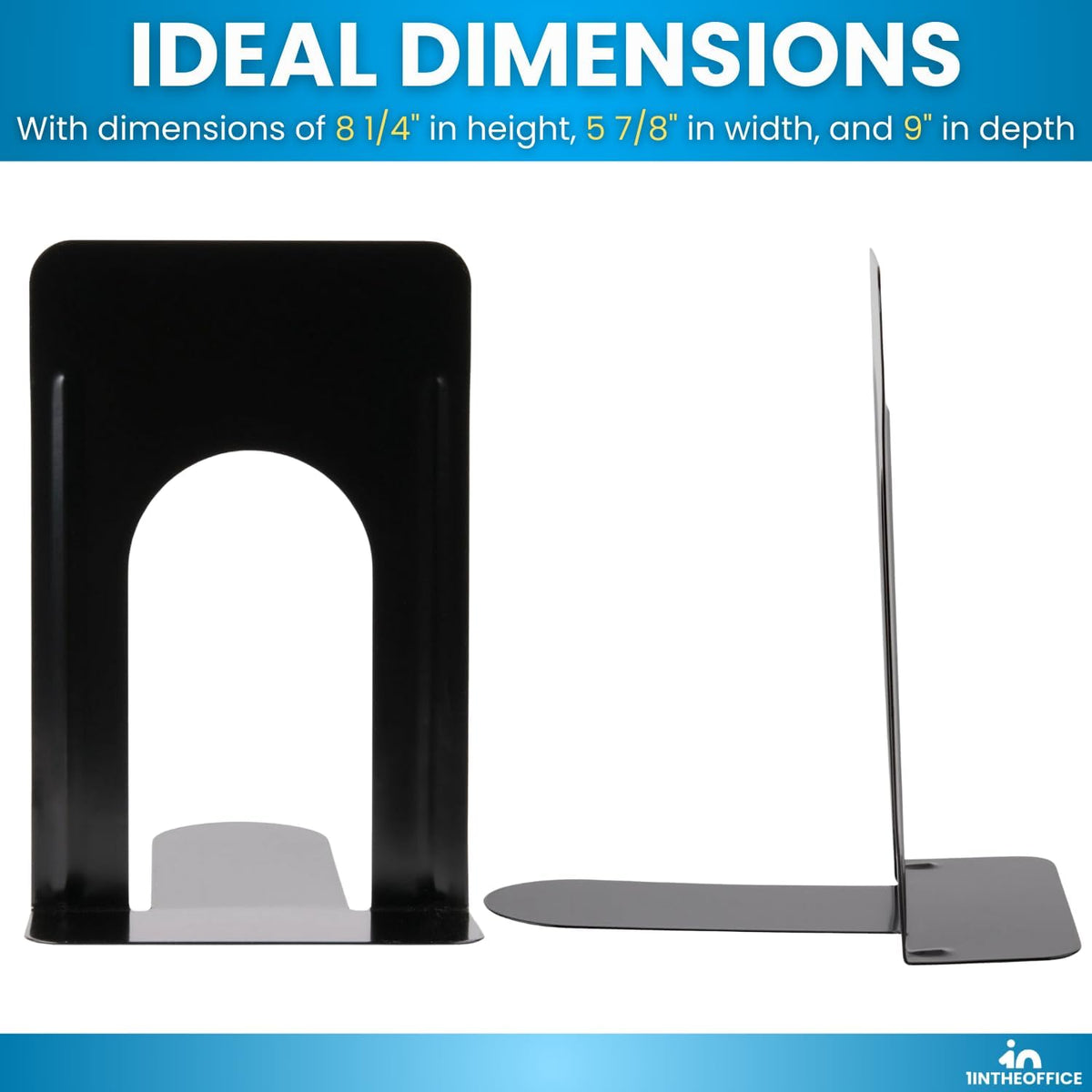 1InTheOffice Bookends for Shelves, Metal Bookends, 4 3/4" x 5 1/4" x 5", Non-Slip, Black, 4 Pack