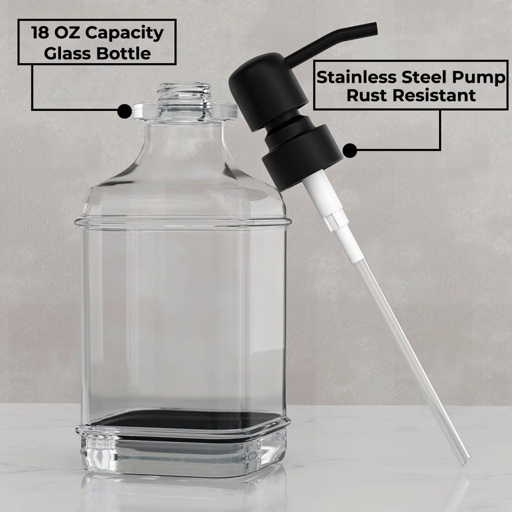 GLADPURE 2 Pack Soap Dispenser, 18 Oz Antique Design Thick Glass Hand Dispensers; with 304 Rust Proof Stainless Steel Pump, 6Pcs Clear Stickers, for Kitchen, Bathroom- Black