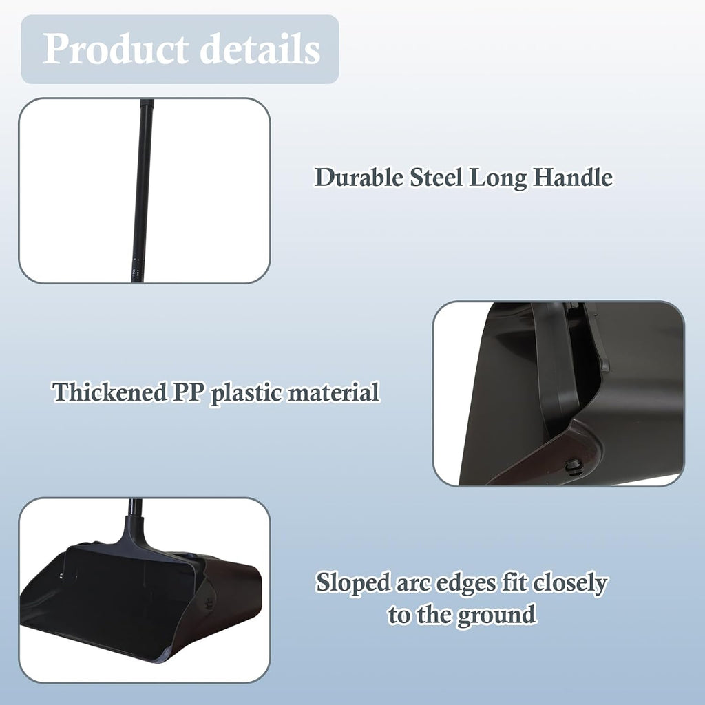 3-Pack Commercial Upright Dust Pan with Long Handle and Wheels – Heavy Duty Large Dust Pans for Indoor/Outdoor Use, Janitorial or House Cleaning Tools, Black Standing Dustpan
