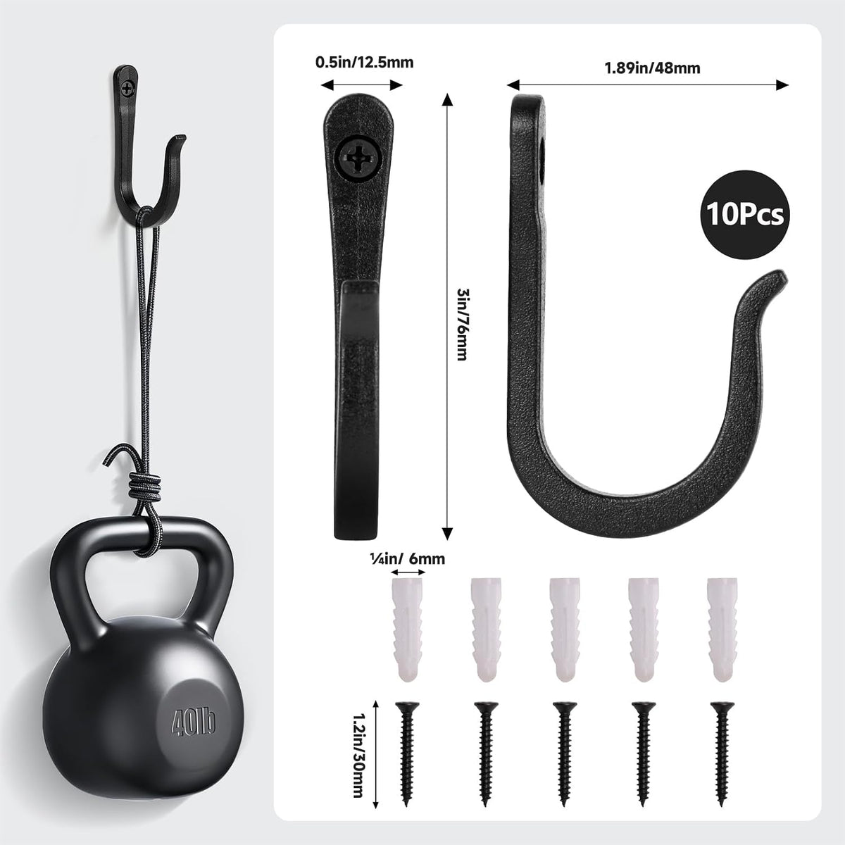 10 Pack Heavy Duty Wall Hooks, Decorative Coat Hooks, Hooks for Hanging Cast Iron Skillets, as Well as Backpacks, Coats, etc, Multi-Layer Electroplated, Indoor and Outdoor Use(Black)