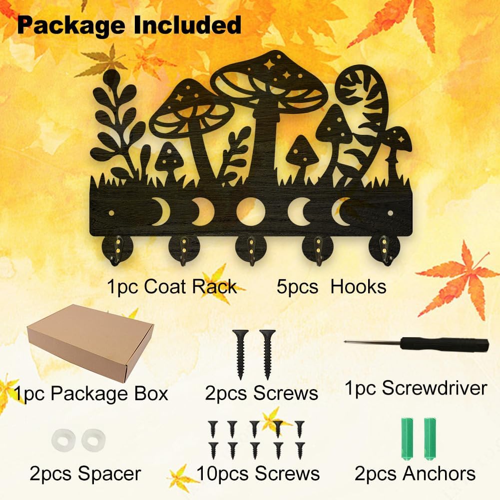 MAYJOYDIY Mushroom Moon Phases Key Holder Wall Mounted Wood Fall Wall Key Hooks 11.8×7.9inch Moon Star Grass Key Hanger Decorative for Gift Living Room Kitchen Office