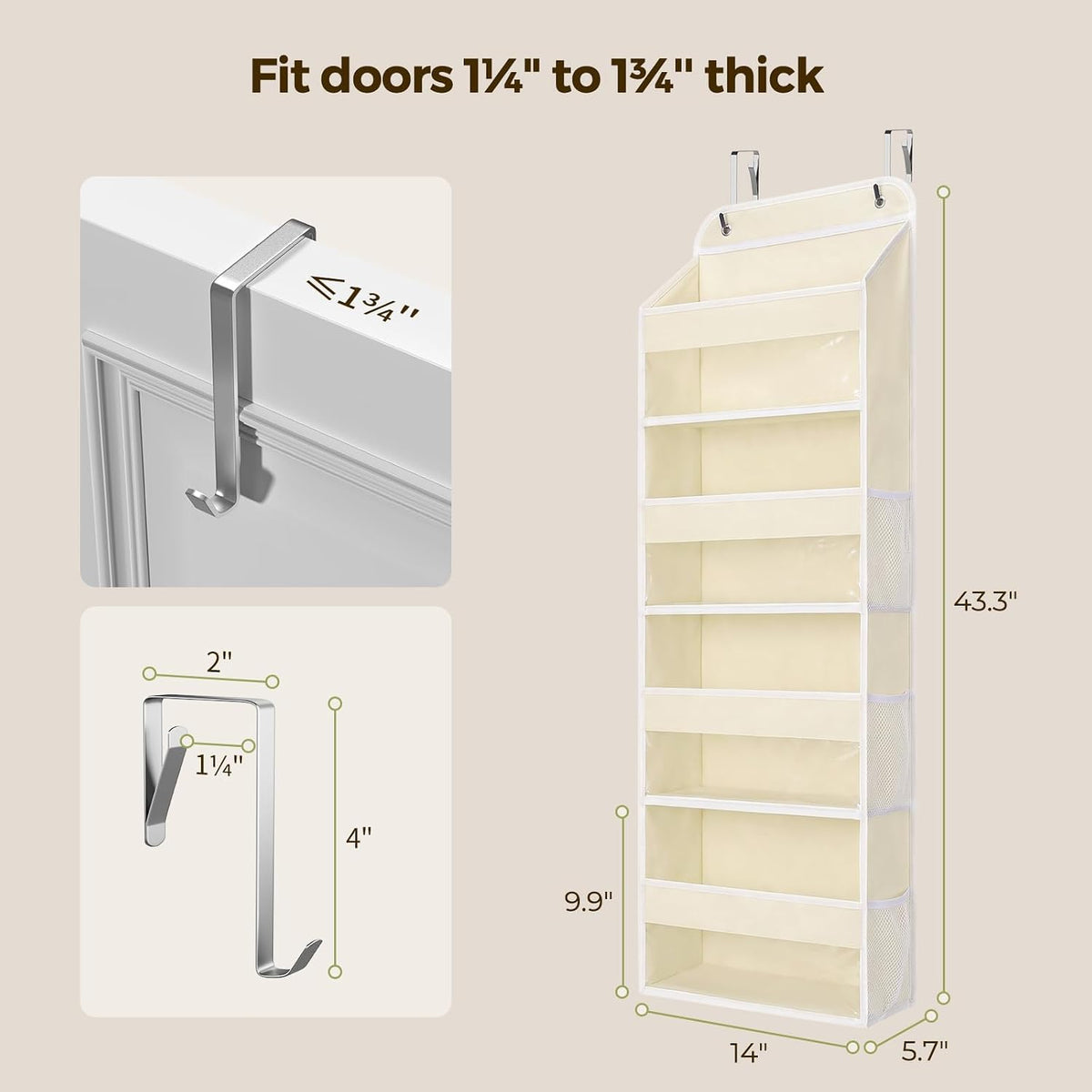 LAMU Over the Door Organizer, Large Capacity Behind the Door Storage with Clear PVC Windows, Back to School Supplies, Stuffed Animal Storage for Dorm Closet Nursery Bathroom Pantry, 4 Tier Cream White