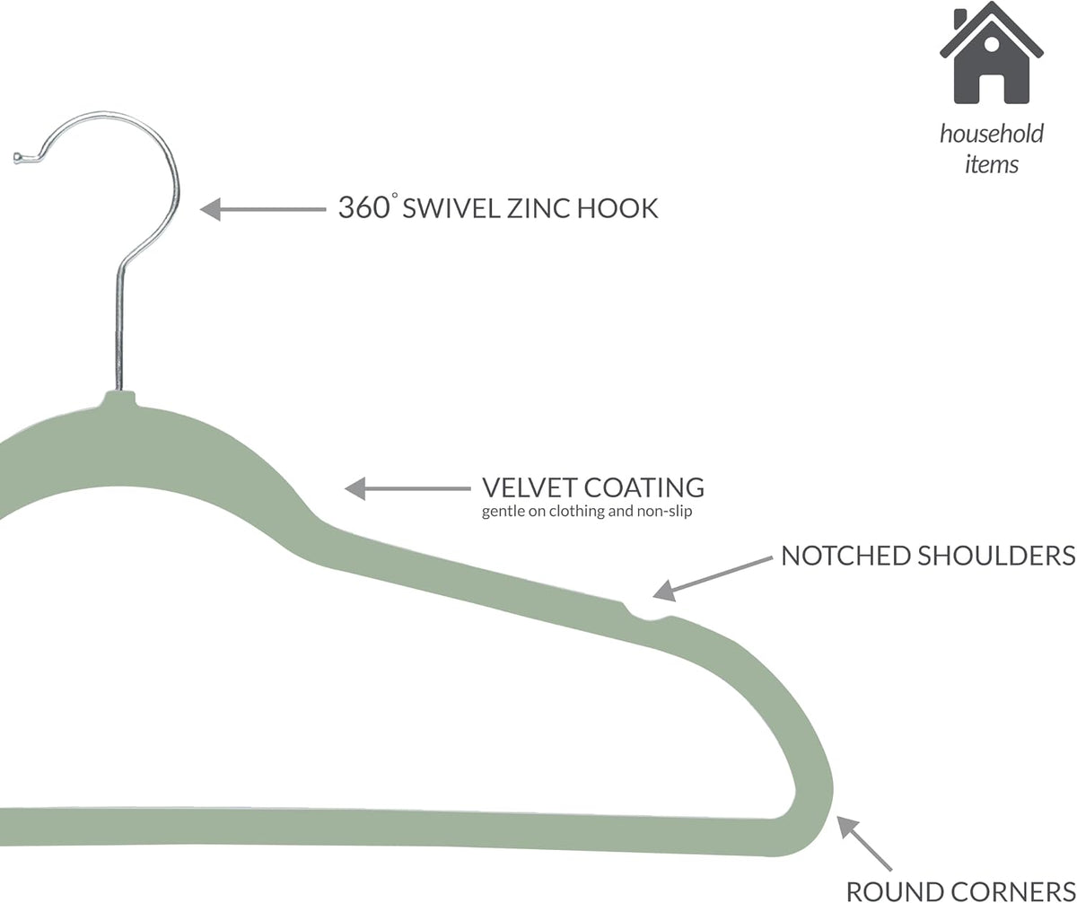 Simplify Slim Velvet Clothes Hangers | 100 Pack | Non-Slip | Shirts | Suit | Pants | Dresses | Garments | Closet Storage & Organization | Durable | Sage