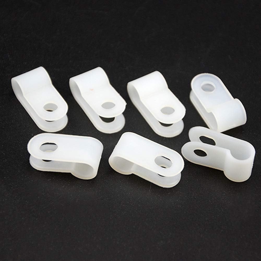 100pcs White Nylon R-Type Cable Clamps Fastener for 1/8 Inch (3.2mm) Dia Wire Tube Plastic Wire Cord Clip Fixer with 100 Pack Screws for Wire Management