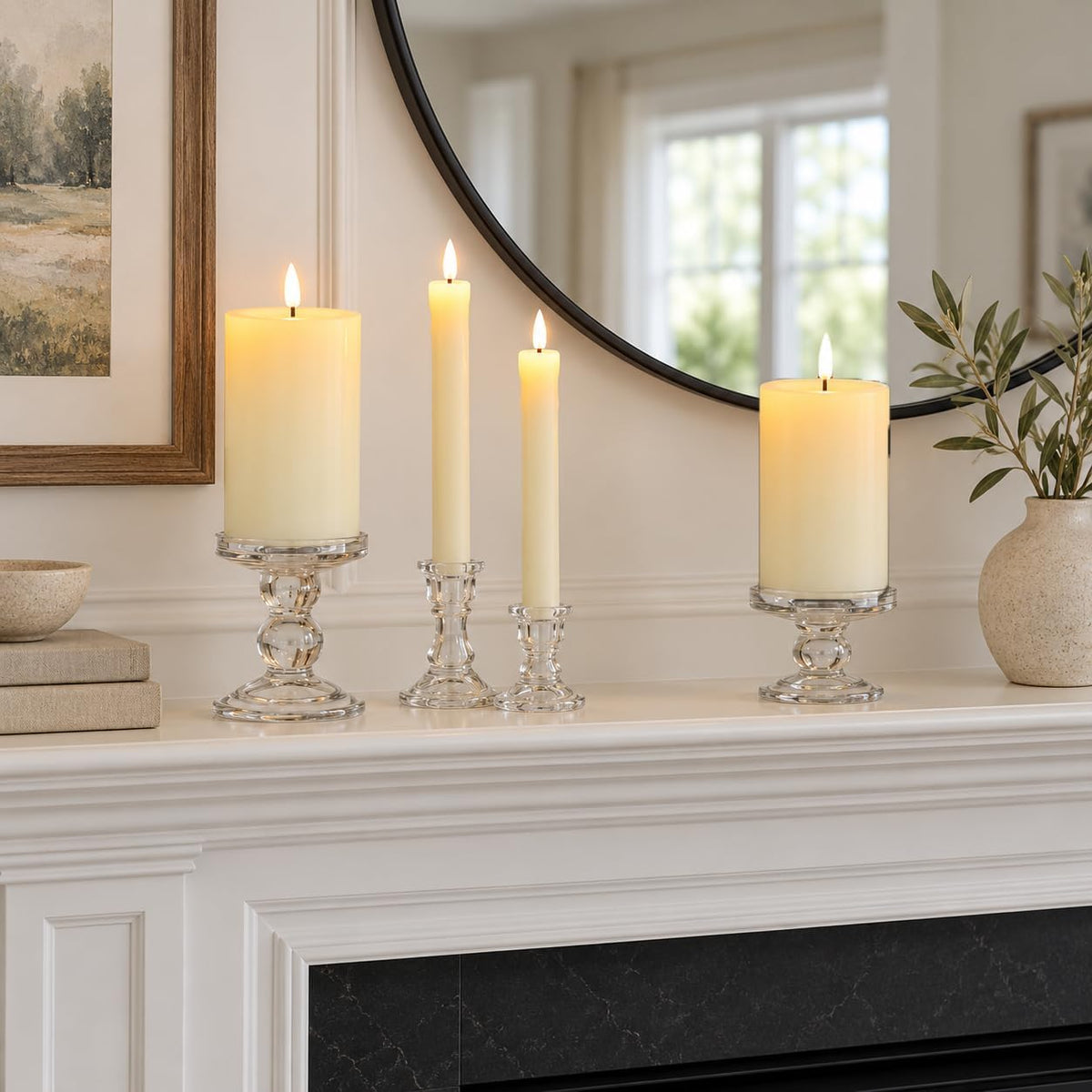 Real Wax LED Flameless Candles with Remote Timer, 4 Pcs Ivory Battery Operated Window Candle with 3D Flickering Flame for Fireplace Xmas Halloween Wedding Decor (9.5" Taper & 5" Pillar)