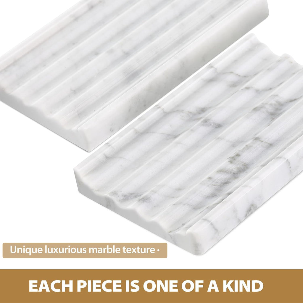 2PCS Koville Italian Natural Marble Soap Dish for Shower, Stone Soap Tray for Bathroom, Bar Soap Holder for Sink, Stripe Grooves Saver Keep Bars Dry Easy Clean (Bianco Carrara)