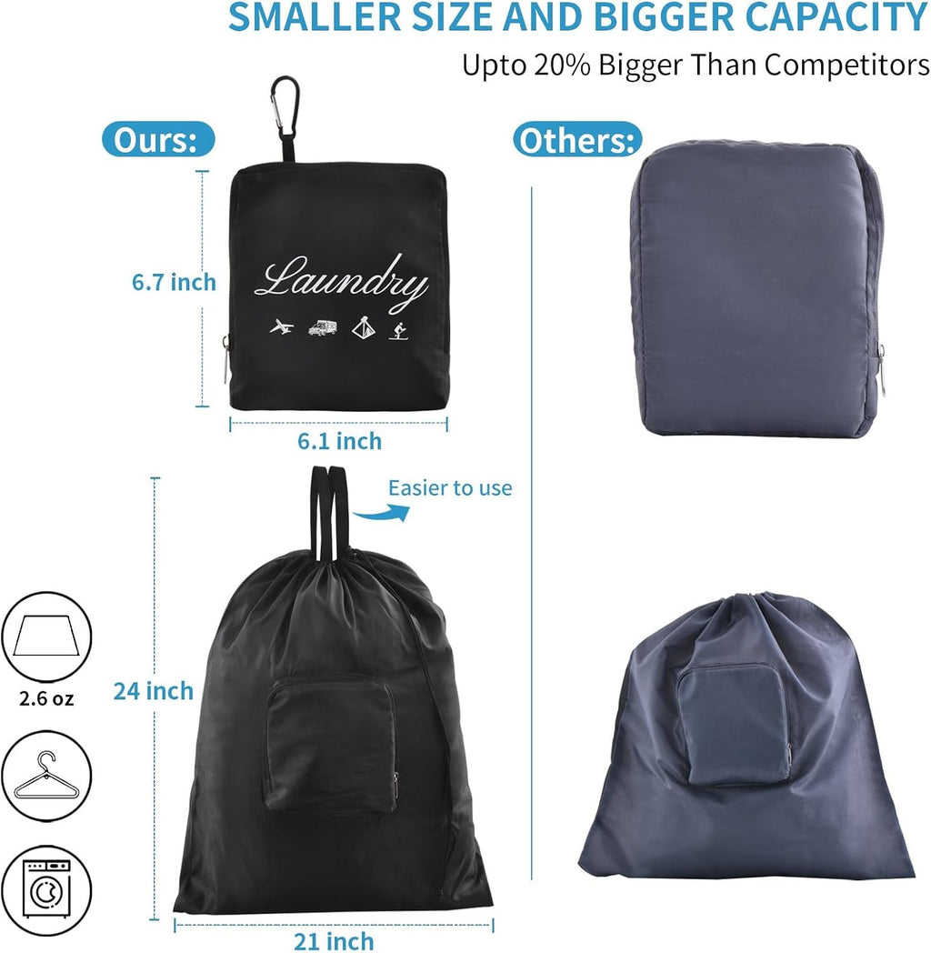 2 Pcs Travel Laundry Bag, JHX Dirty Clothes Bag 【Upgraded】 with Handles and Aluminum Carabiner, Collapsible Laundry Bag for Travel, Camp, Fitness, and Students（Black） 24"L x 21"W