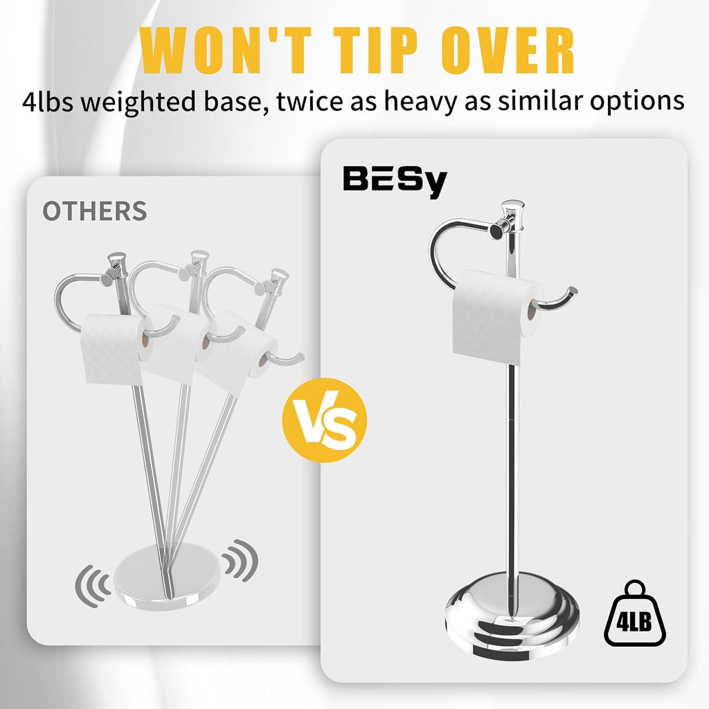 BESy Toilet Paper Holder Floor Stand, Bathroom Freestanding Chrome