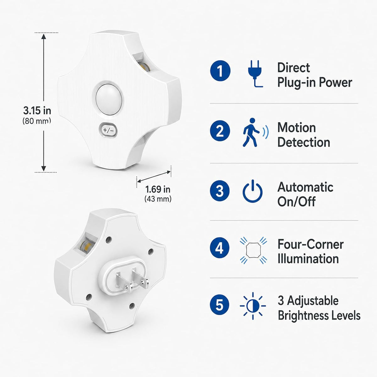 LED Motion Sensor Night Light Indoor, Night Lights Plug into Wall with Dusk to Dawn Sensor, 3000K Soft White, 30/60/100LM Adjustable Brightness, Dimmable Nightlight for Bathroom Hallway Kitchen