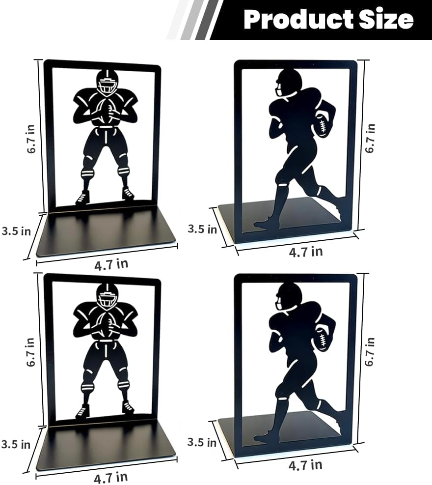 Metal Decorative Bookends Set, Spider Web & Football Player Silhouette, Sturdy Non-Slip Book Holders for Shelves, Black (Sports Football - 2 Pairs (4 Pcs))