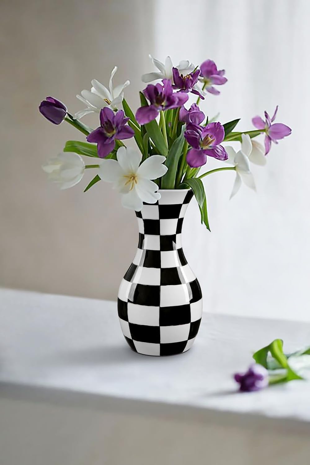 Black and White Ceramic Vase 11" Checkered Flower Vase with Wide Mouth