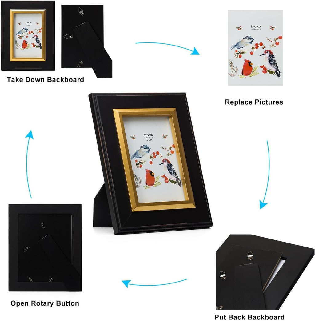 4x6 Black Wood Picture Frame with Real Glass, Gold Inner Border, Vertical and Horizontal for Tabletop or Wall Hanging