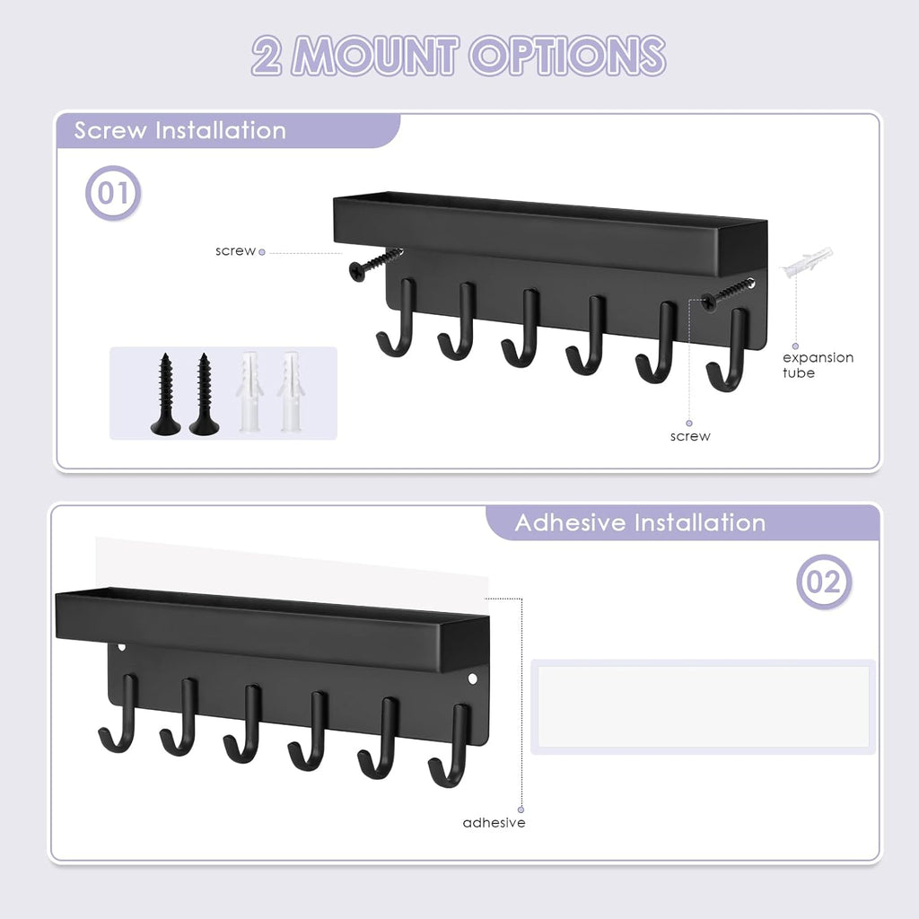VIS'V Key Holder Wall Mount, Adhesive Key Rack with Tray, 6 Hooks, Black