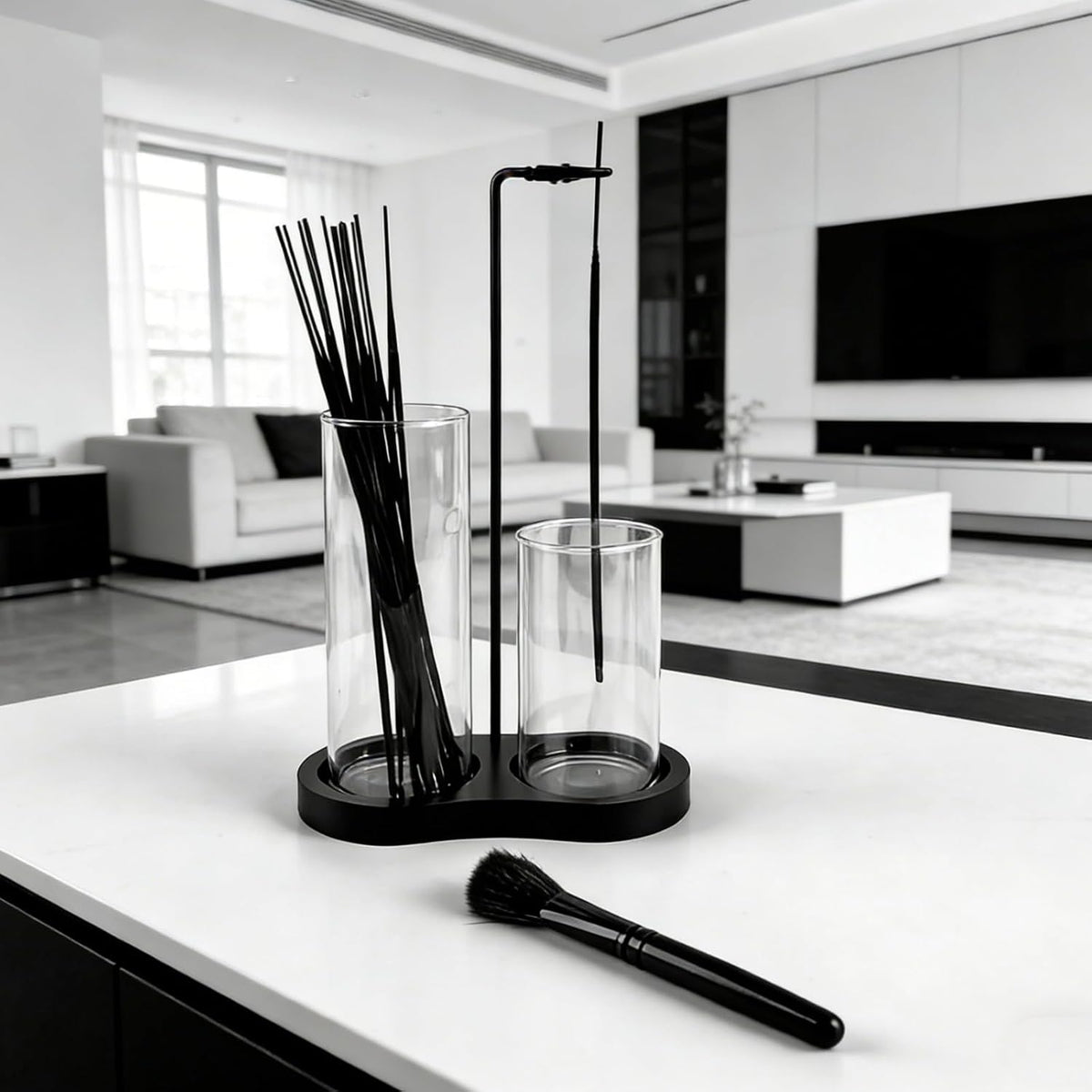 2 in 1 Black Incense Holder for Sticks with Glass Ash Catcher, Anti-Ash Incense Burner for Yoga Meditation Spa, Sleek Minimalist Decor & Incense Holder for Men, Includes Ash Brush