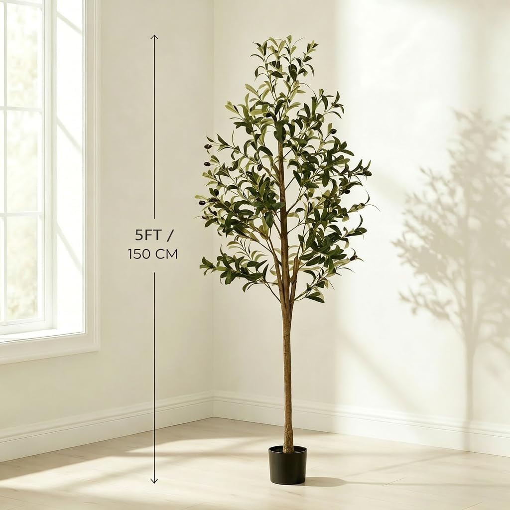 Artificial Olive Tree, 5FT Faux Olive Trees with Lifelike Olive Branches and Fruits, Fake Floor Plants with Pot for Indoor Home Office Living Room Outdoor Decor