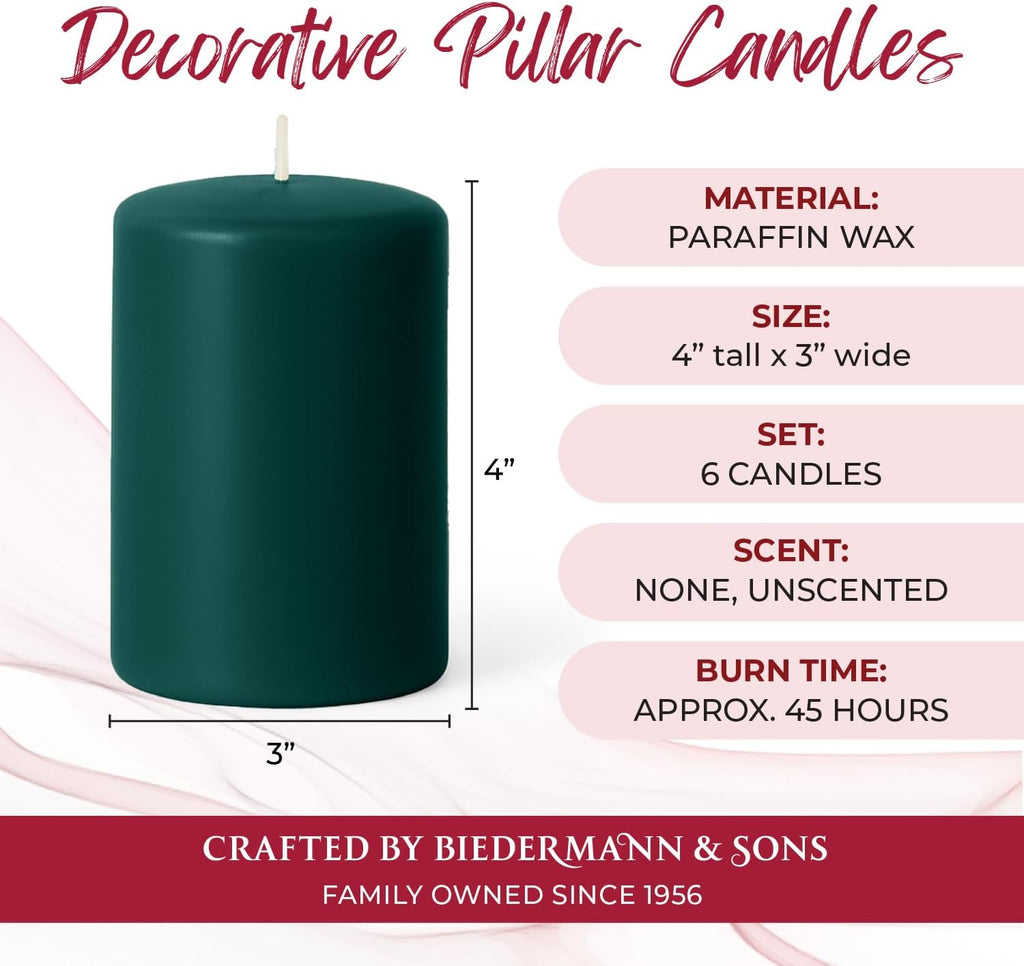 Biedermann & Sons Evergreen Pillar Candles (6 Pack), 4 Inch Tall 3 Inch Wide Round, Unscented Paraffin Wax, Approx 40 to 45 Hour Burn, Dripless Decorative Candles for Centerpieces