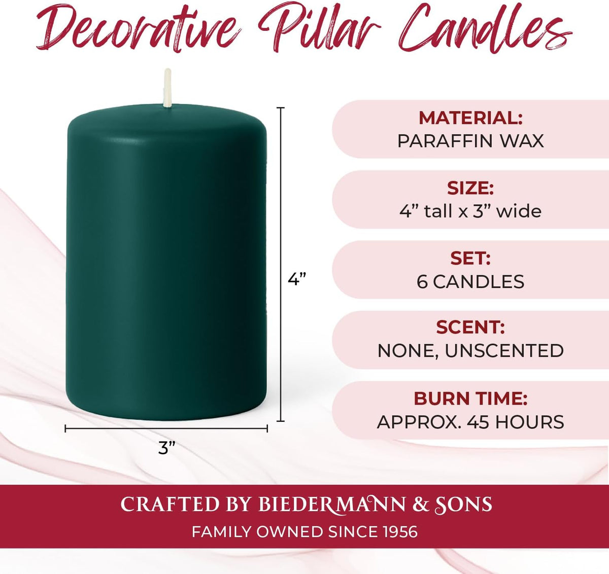 Biedermann & Sons Evergreen Pillar Candles (6 Pack), 4 Inch Tall 3 Inch Wide Round, Unscented Paraffin Wax, Approx 40 to 45 Hour Burn, Dripless Decorative Candles for Centerpieces