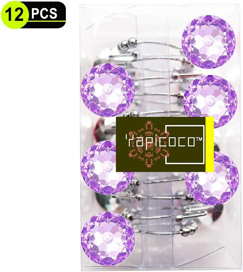 Shower Curtain Hooks Rings for Bathroom, 12PCS Double Hooks Glide Anti Rust Crystal Rhinestones Shower Curtain Rings Hangers for Shower Curtains, Clothing, Towels, etc. (Purple)