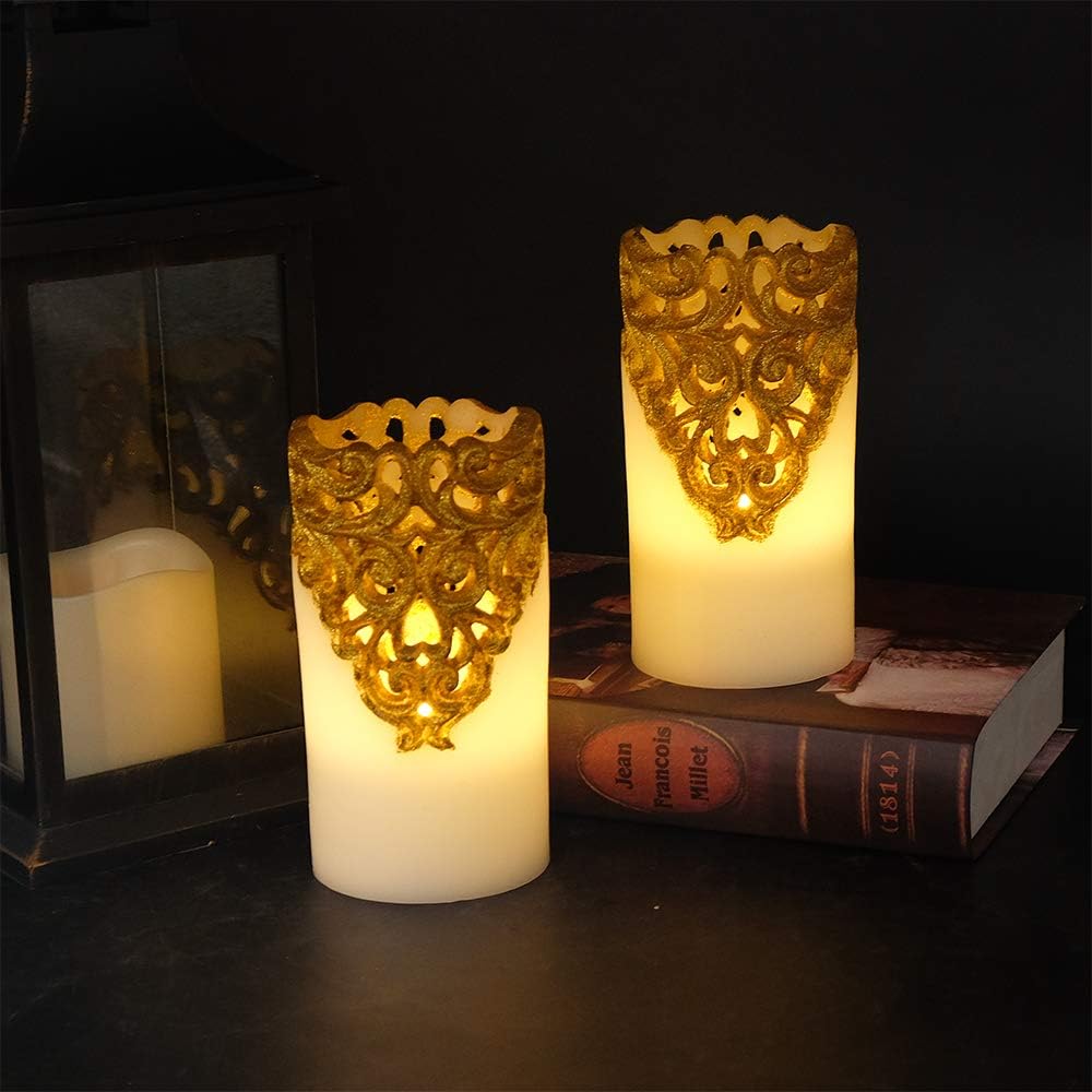 Gold Flameless LED Pillar Candles Battery Operated with 5H Timer