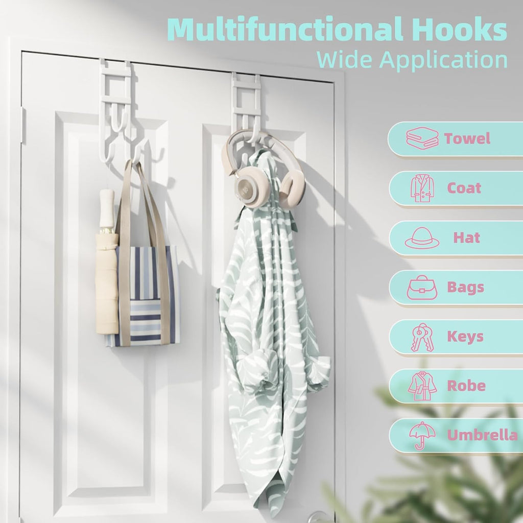 4 Pack Over-the-Door Hooks, No Installation Required, 100 Lb Heavy Duty with Anti-Scratch Rubber & Rust-Proof, Space-Saving Organizer for Coats, Towel & Bag, Bathroom, Bedroom, Kitchen, Office, White