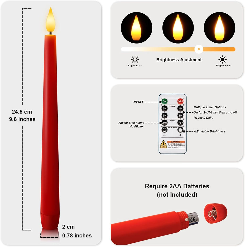 6 Pcs Red Flameless Taper Candles with Remote Timer Dimmer, Plastic Led Taper Candles Realistic, 9.6 Inches Battery Operated Candlesticks Flickering, for Party Holiday Christmas Decor
