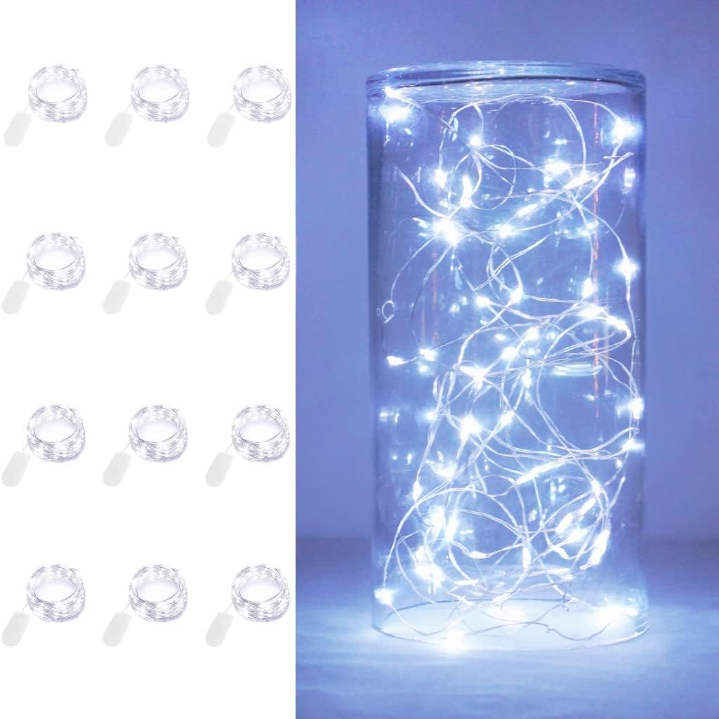 LED Fairy String Lights, Battery Operated Starry Firefly Light 6.6ft 20 LED Waterproof Silver Copper Wire Mini Light for Mason Jar Wedding Christmas Party Decor (12 Pack, Cool White)