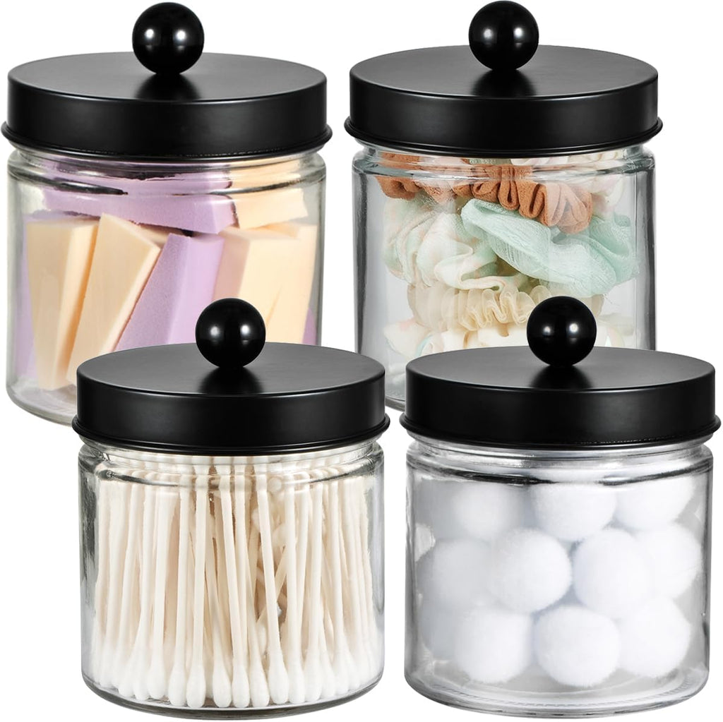 SheeChung Glass Mason Jar Qtip Holder, Black Stainless Steel Lids, 4 Pack