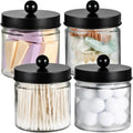 SheeChung Glass Mason Jar Qtip Holder, Black Stainless Steel Lids, 4 Pack