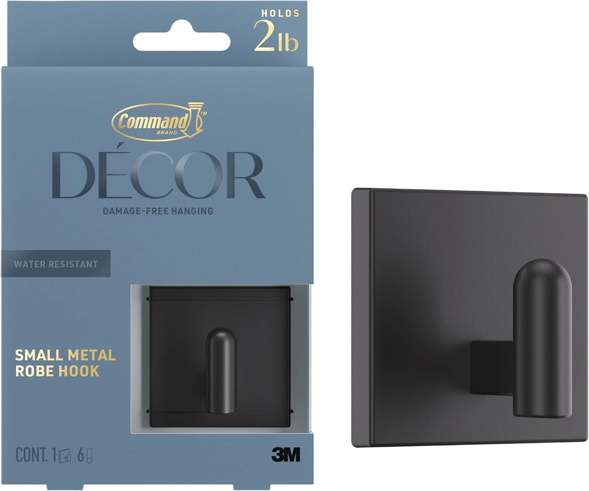 Command Small Black Decor Bath Hooks, 1 Hook, 6 Strips