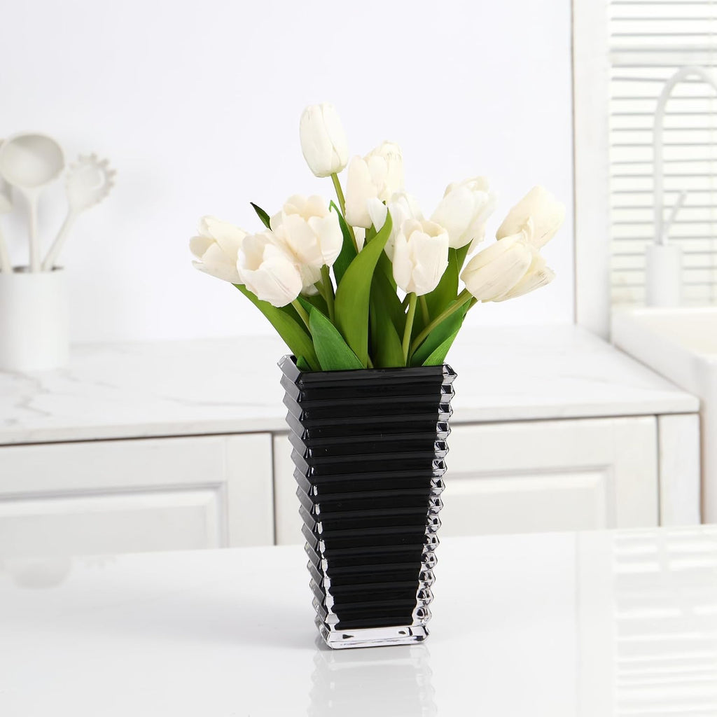 Crystal Vase, Large Crystal Vases for Flowers, Dark Large Flower Vase, Modern Glass Vases for Living Room, Bedroom, Kitchen, Dining Table, Mantle, Wedding, 9 Inches