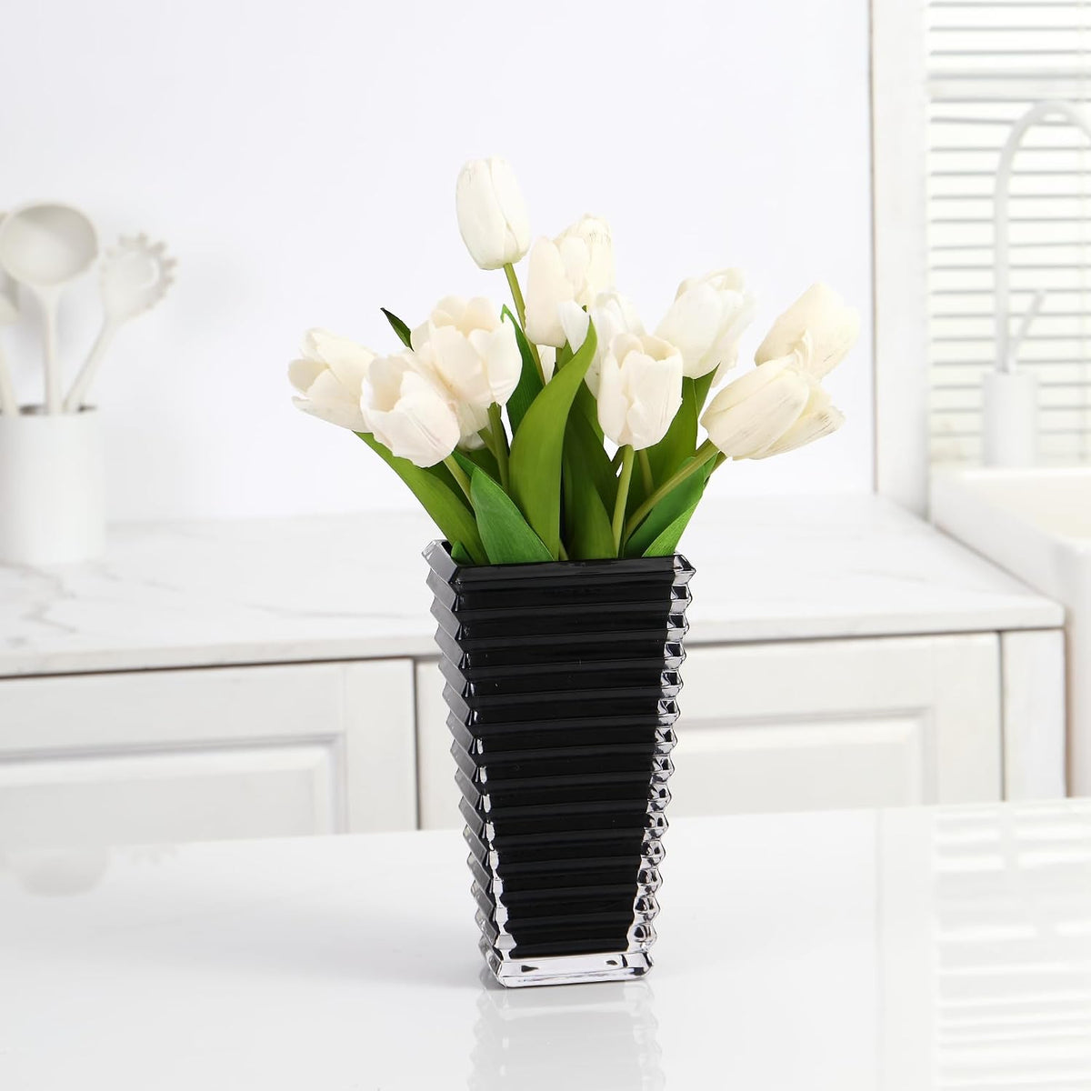 Crystal Vase, Large Crystal Vases for Flowers, Dark Large Flower Vase, Modern Glass Vases for Living Room, Bedroom, Kitchen, Dining Table, Mantle, Wedding, 9 Inches