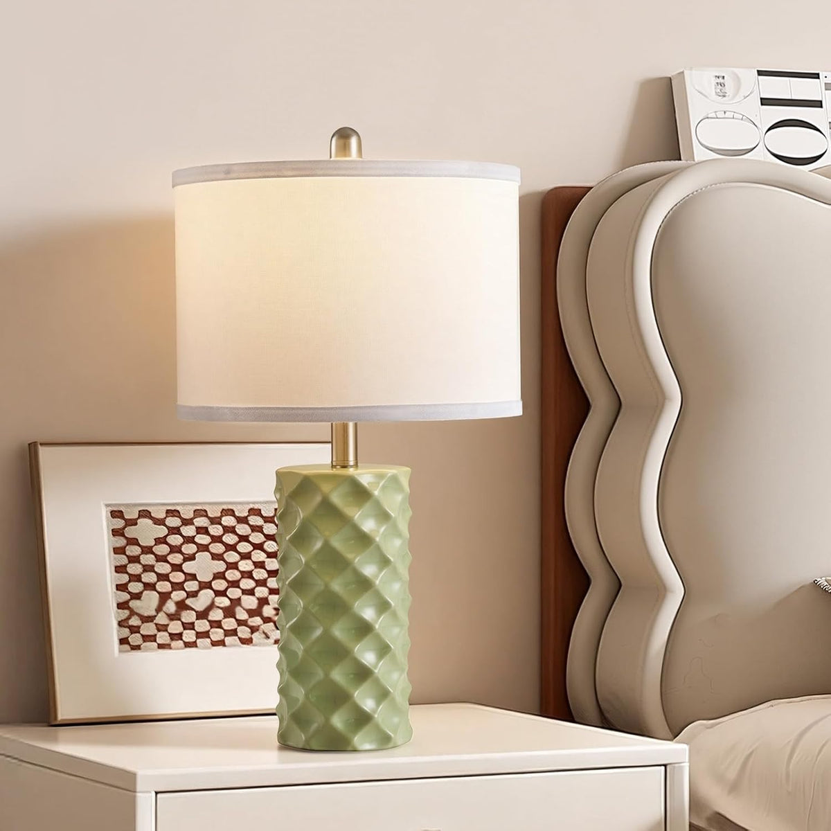Star Diamond Ceramic Table Lamps Set of 2 - Sage Green Nightstand Lamps 23"