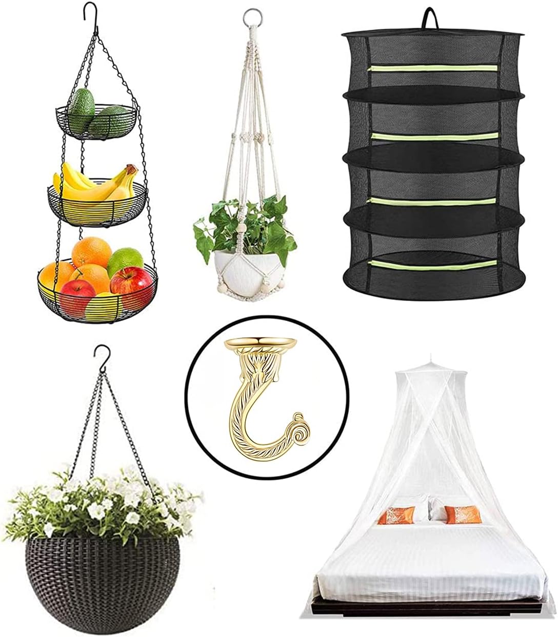 Heavy Duty Ceiling Hooks, Hanging Plants & Baskets (6, Gold)