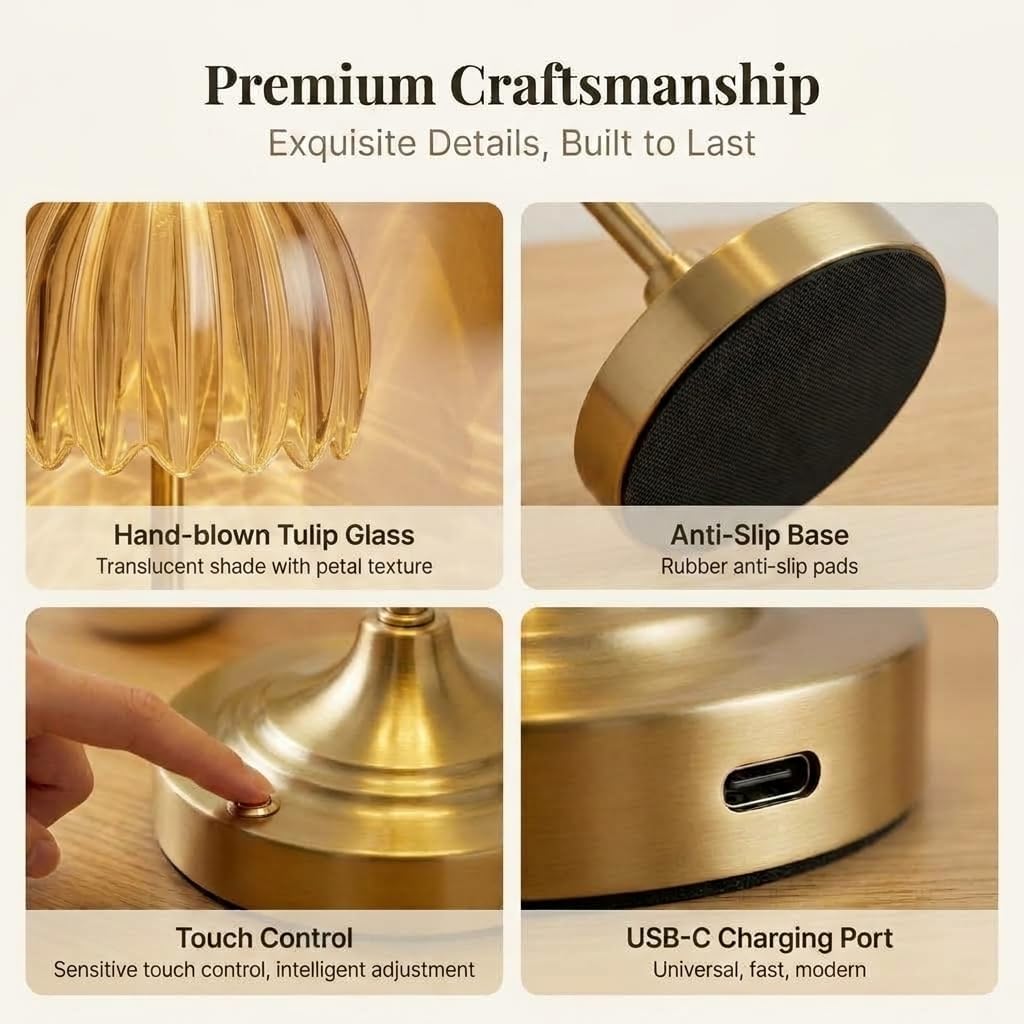 Tulip Glass Rechargeable Table Lamp, Cordless Vintage Table Light (Amber)