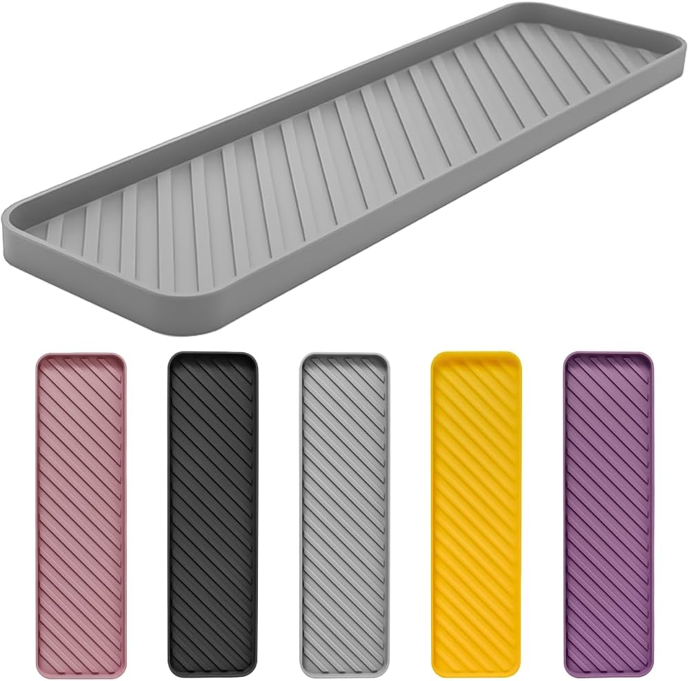 Silicone Organizer Tray for Kitchen Sinks and Bathrooms. Dishwasher-Safe, Non-Slip Countertop Tray, Bathroom Drawer Organizer Trays. Perfect for Makeup & Trinkets (Gray L 1PC)
