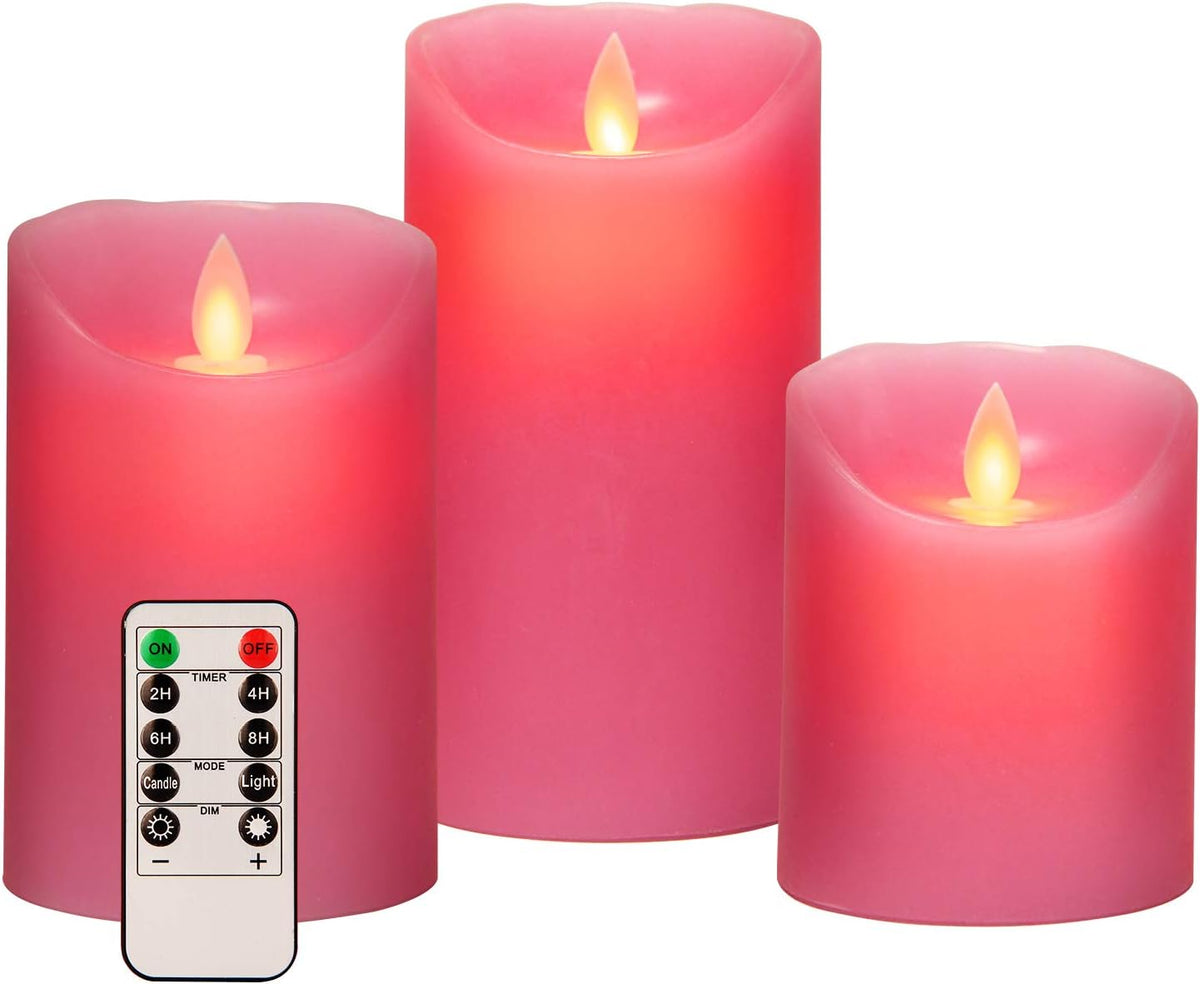 AKU TONPA 3" x 4" 5" 6" Set of 3 Flickering Flameless Candles Battery Operated Pillar Real Wax Electric LED Candle Set with Remote Control and Timer (Pink)