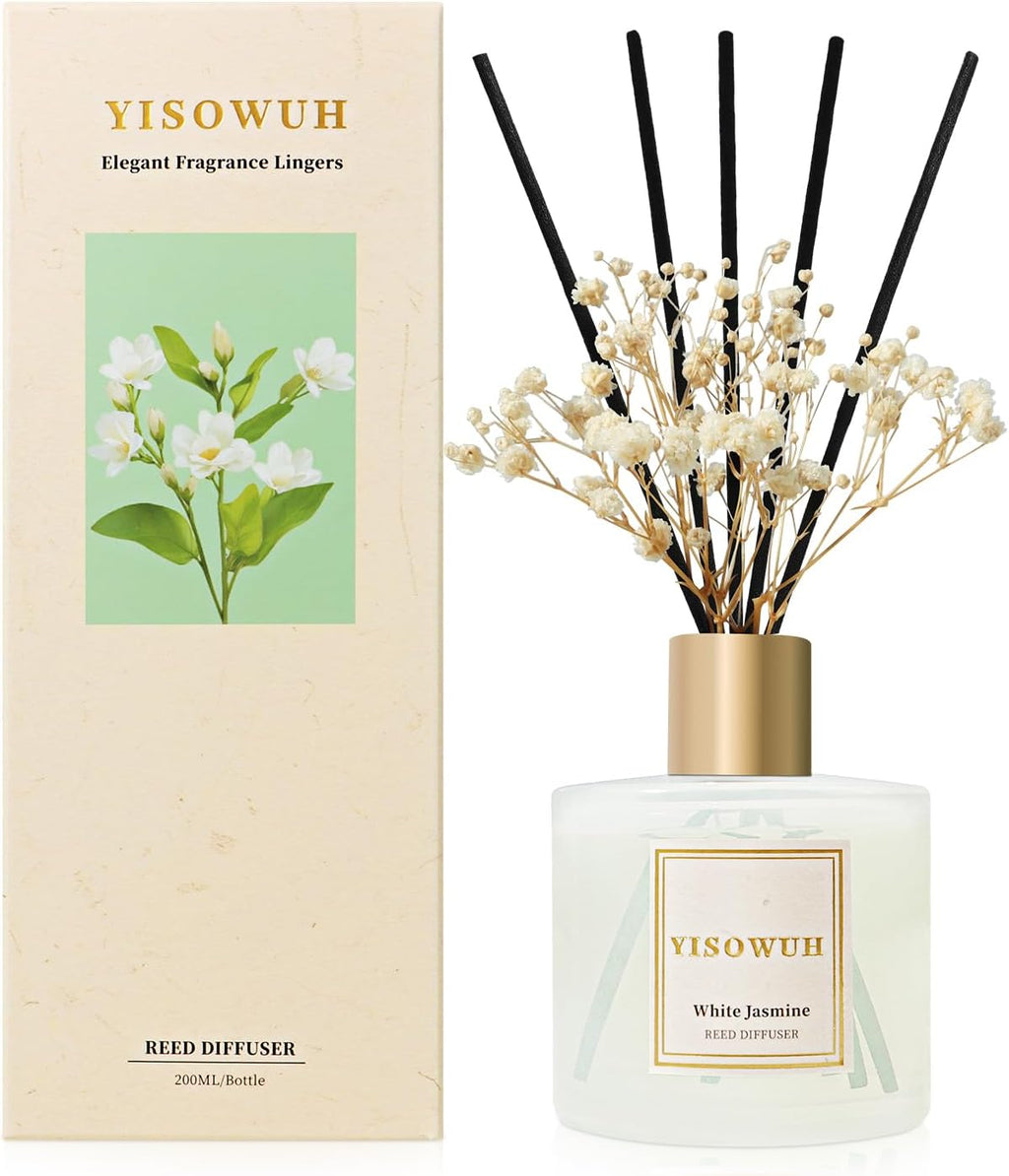 Diffusers for Home 6.76 fl oz（200ml）, YISOWUH White Jasmine Reed Diffuser Set Oil Diffusers with 8 Reed Sticks, Long Lasting Fragrance for Home Decor, Bathroom, Bedroom, Gifts