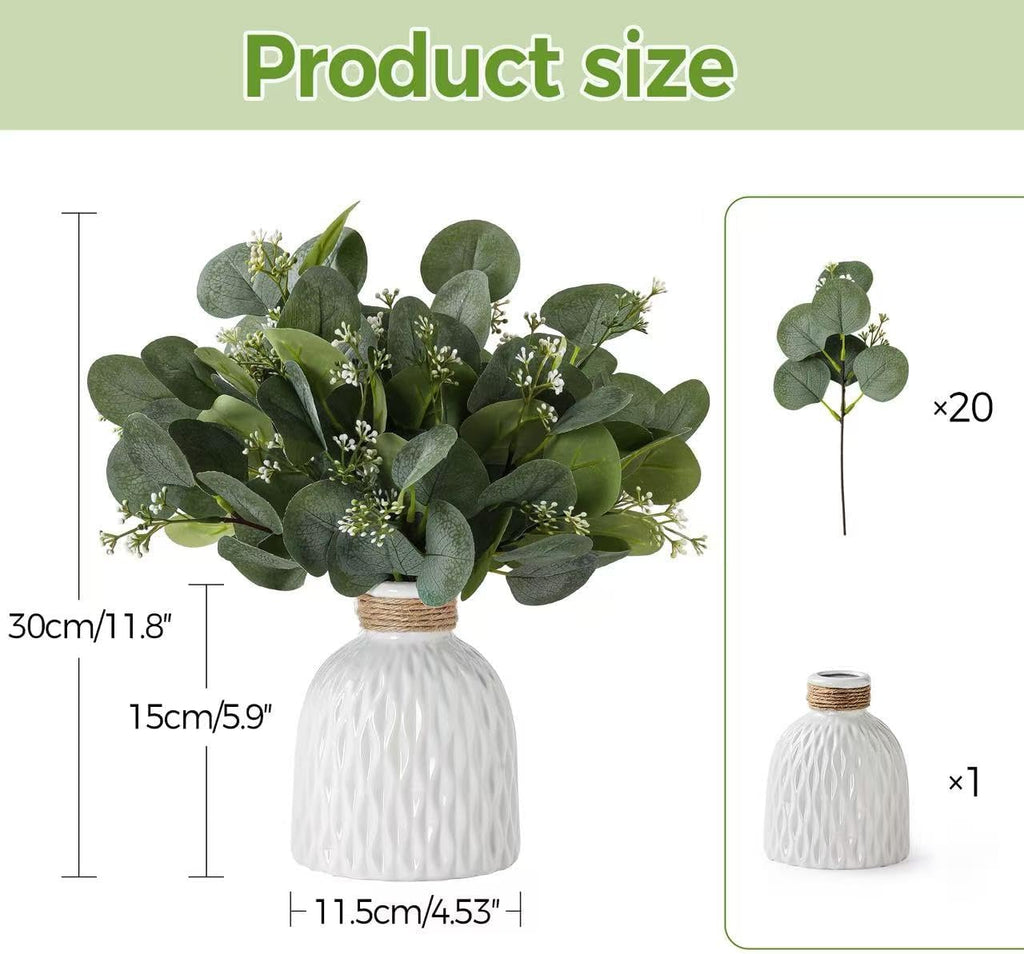 Fake Eucalyptus Plants 20 Stems in Ceramic Vase for Indoor Home Decor