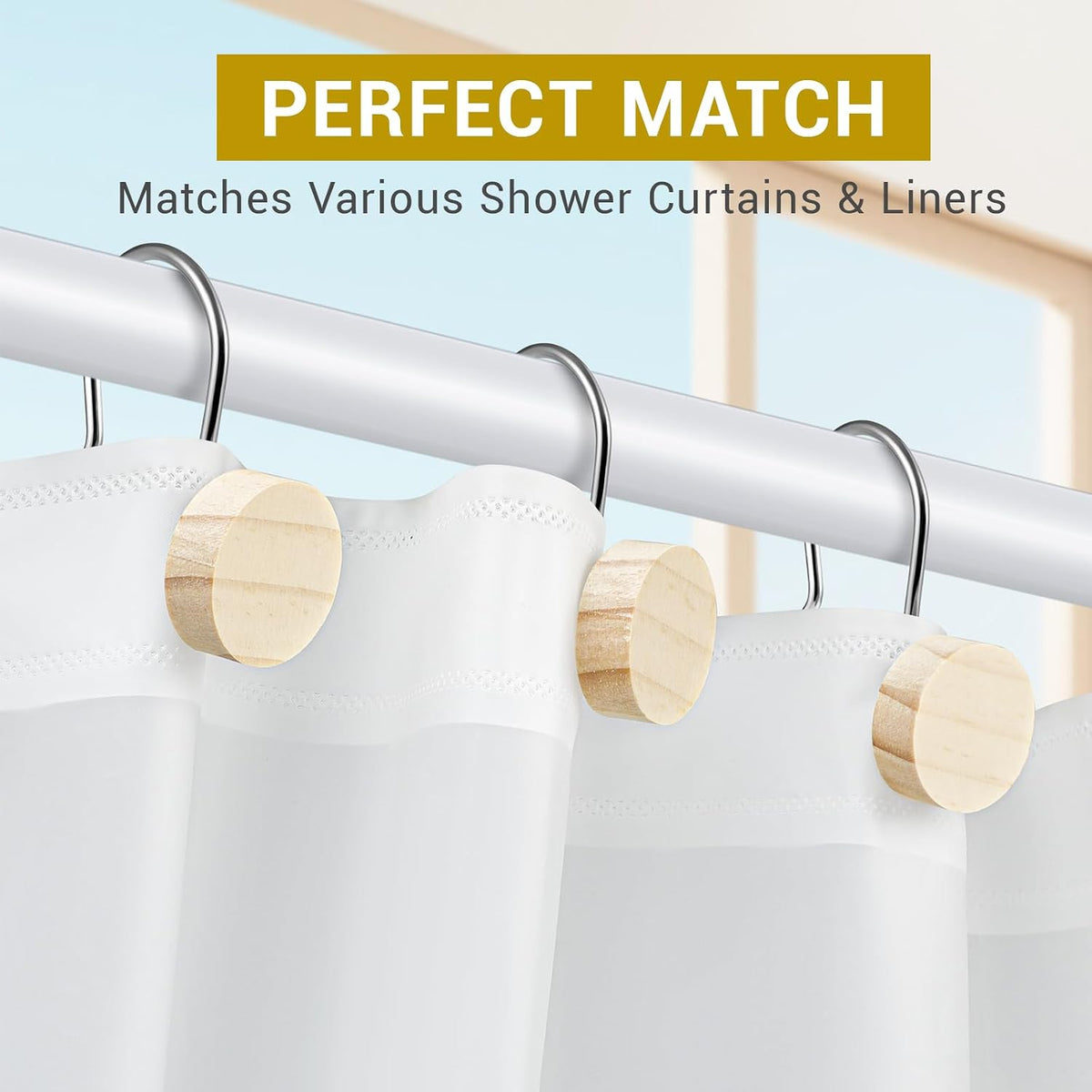 Wood Shower Curtain Hooks with Silvery Metal Rings, Set of 12 Decorative Hardware for Bathroom Rods