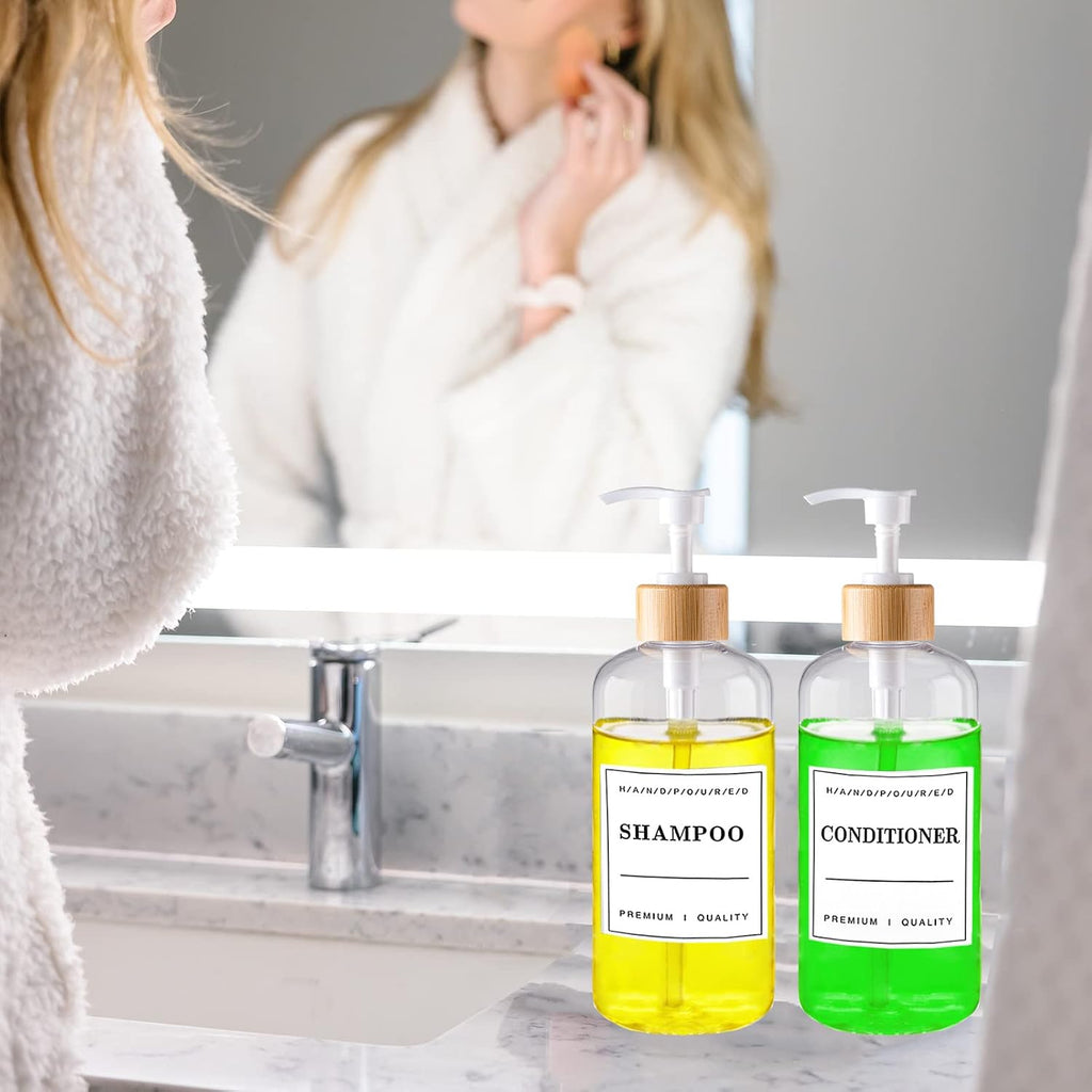 Clear Plastic Soap Dispenser Set - 16oz Refillable for Kitchen, Bathroom Shampoo & Conditioner