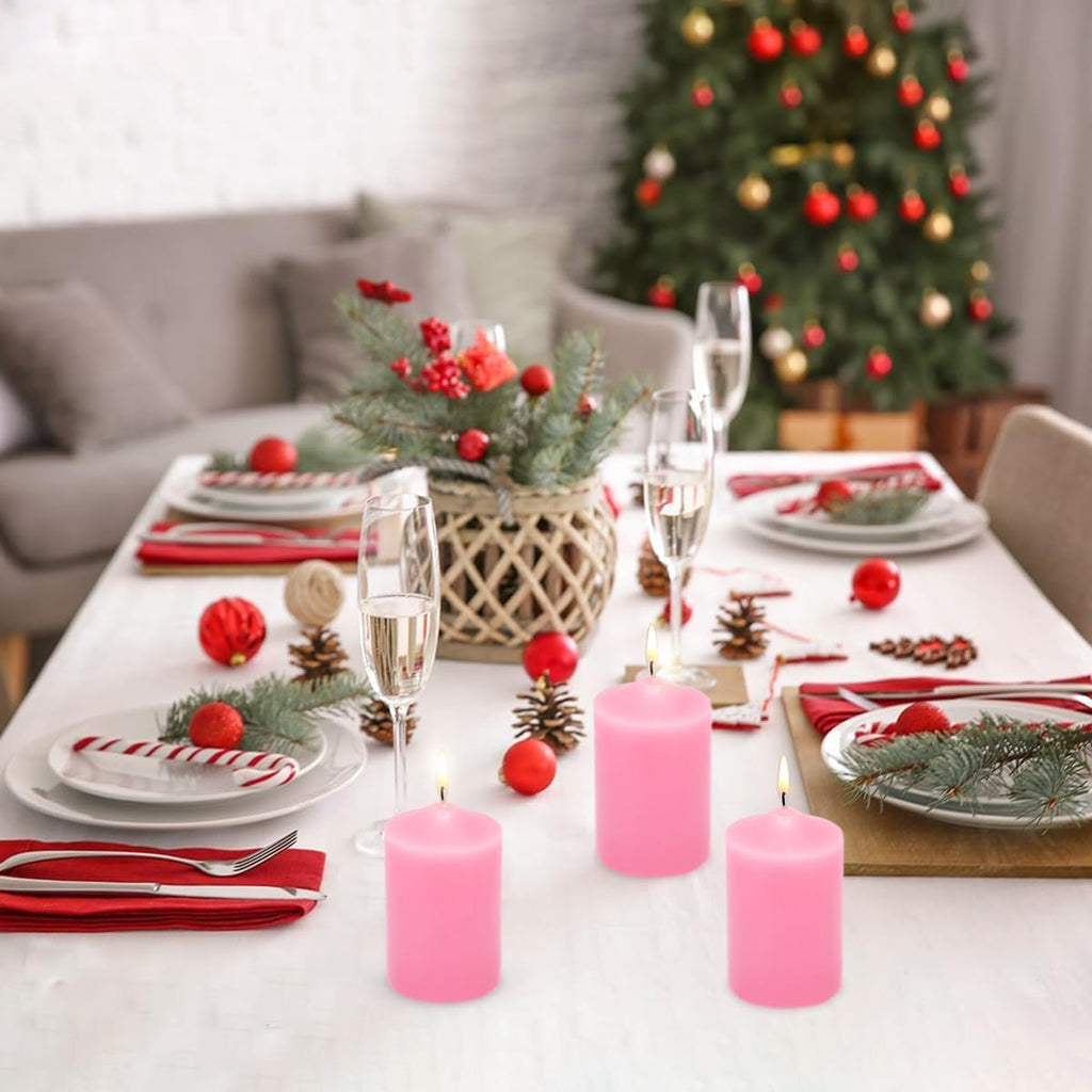 Set of 4 2x3 Inch Pink Pillar Candles, Small Unscented Dripless Solid Pastel Colored Cylinder Column Candles for Home Party Holiday Dinner Table - 24 Hour Burning Time