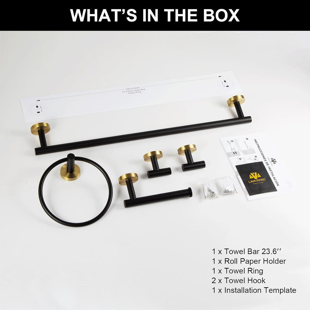 Lava Odoro 5-Piece Bathroom Hardware Set Black and Gold, 23.6 Inch Towel Bar Set Towel Rack Set Stainless Steel Wall Mounted Bathroom Holder Set Bathroom Accessories Set