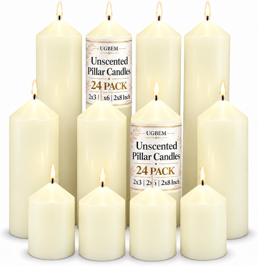 Pillar Candles Ivory Bulk 2x3 2x6 2x8 Inch, Unscented Candle, 24 Set