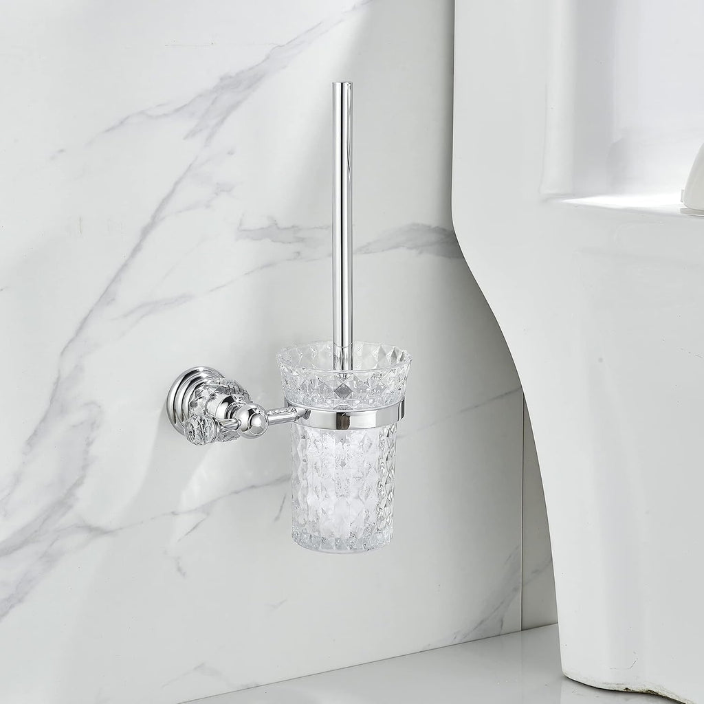 WOLIBEER Crystal Toilet Brush Holder, Chrome Toilet Cup Set with Polished Silver Brush Handle Wall Mounted for Bathroom - Decorative Design,Space Saving.