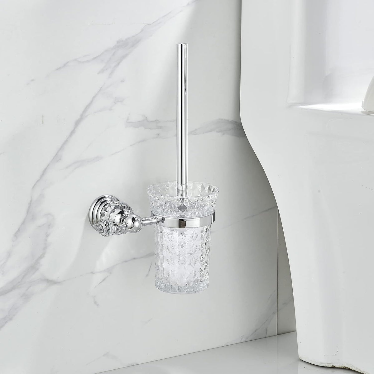 WOLIBEER Crystal Toilet Brush Holder, Chrome Toilet Cup Set with Polished Silver Brush Handle Wall Mounted for Bathroom - Decorative Design,Space Saving.